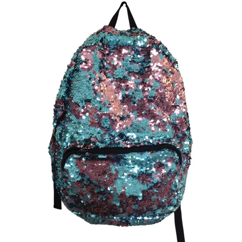 Backpack Girls L Pink Blue‎ Reversible Flip Sequins 2 Pockets Adjustable Straps